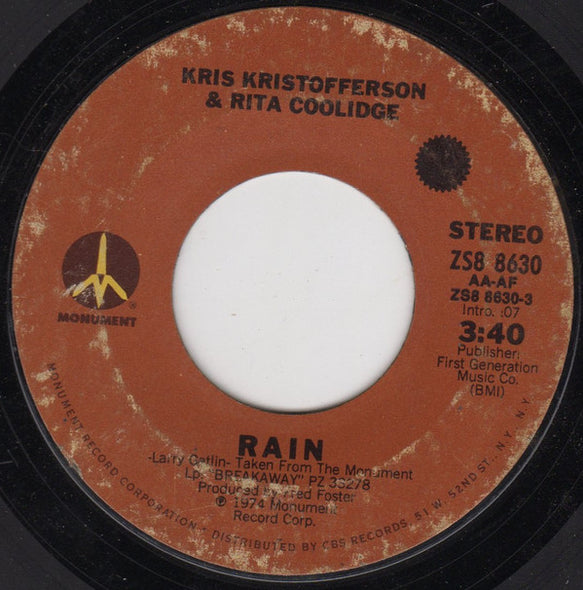 Kris Kristofferson & Rita Coolidge : Rain (7", Styrene, Ter)