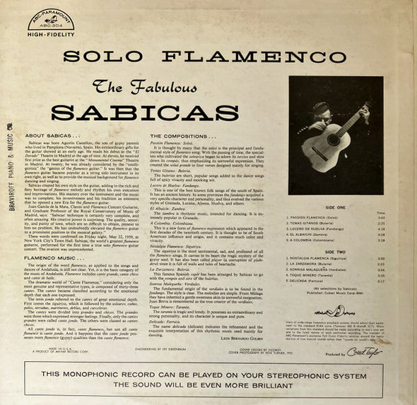 The Fabulous Sabicas* : Solo Flamenco (LP, Album, Mono)