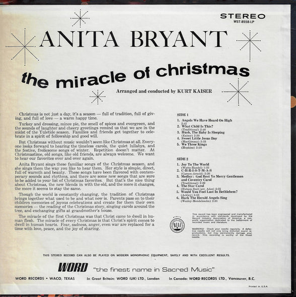 Anita Bryant : The Miracle Of Christmas (LP)