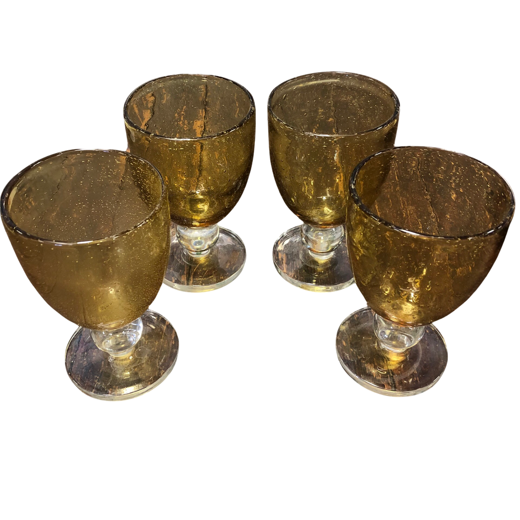 Vintage Amber Bubble Stem Goblet Glass Set (4)