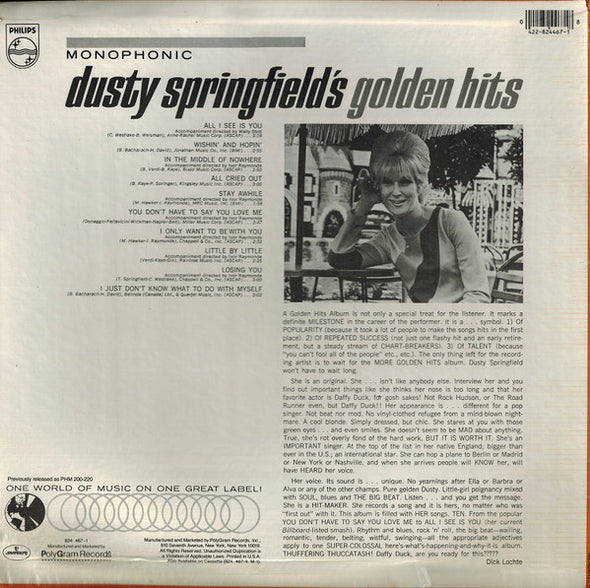 Dusty Springfield : Dusty Springfield's Golden Hits (LP, Comp, M/Print, RE)