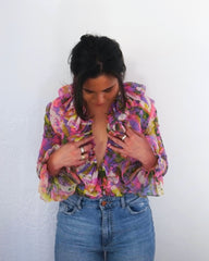 Vintage 70s Ruffle Sheer Floral Blouse (XS) - LAST CHANCE