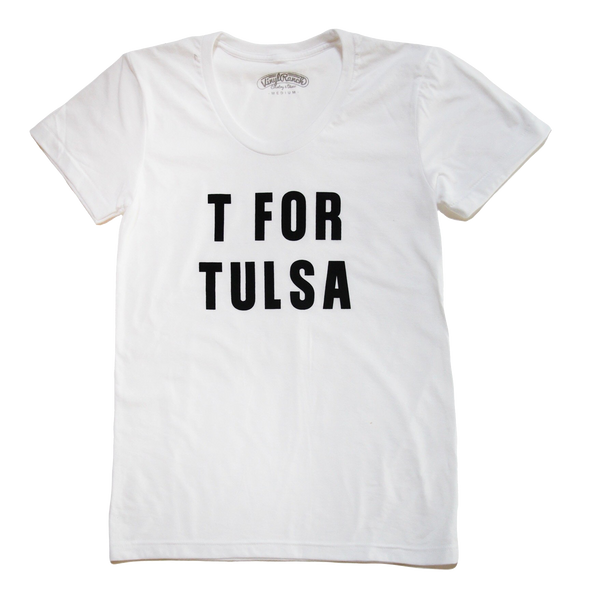 "T For Tulsa" by Vinyl Ranch is a nod to T-Town, printed on a women's white scoopneck tee.