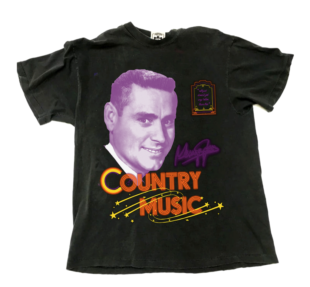 "Mr. Country Music" is a Cadillac Don X Vinyl Ranch collab featuring a 4 color graphic printed on a classic black tee.