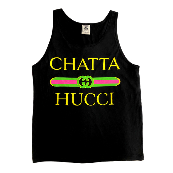 The "Chattaneon Unisex Tank" by Vinyl Ranch features a neon-toned 3 color design on a unisex black tank top. Check out the full Chattahucci Collection
