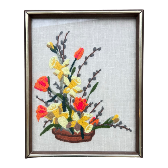 Vintage Embroidered Flower Arrangement Wall Art