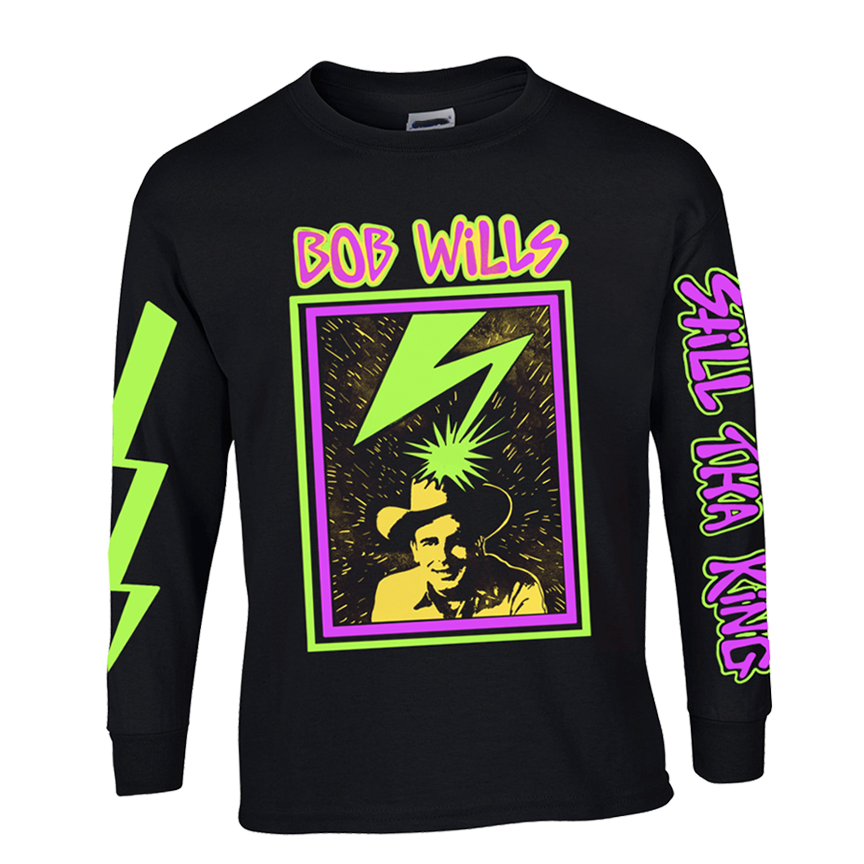 "Still Tha King Neon" by Vinyl Ranch is an homage to Bob Wills in a limited edition colorway. 4 color design with full sleeve prints and printed on a classic black longsleeve tee.