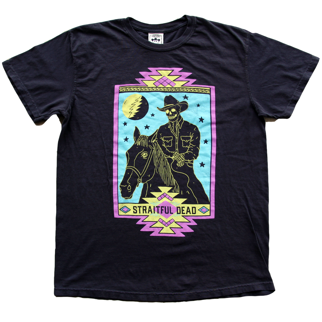 "Straitful Dead Nights" by Vinyl Ranch is a 4 color design printed on a classic black tee.